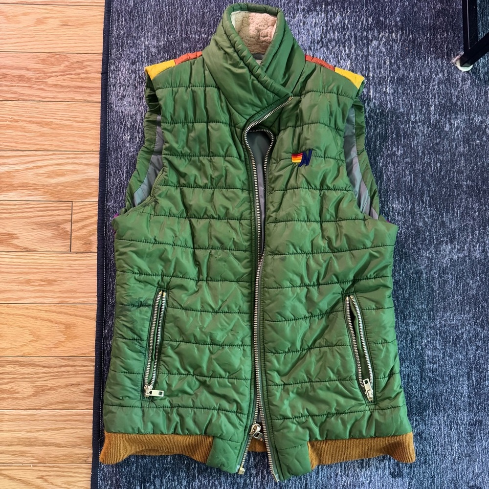Aviator Nation rare sunburst Green Quilted Vest rainbow down